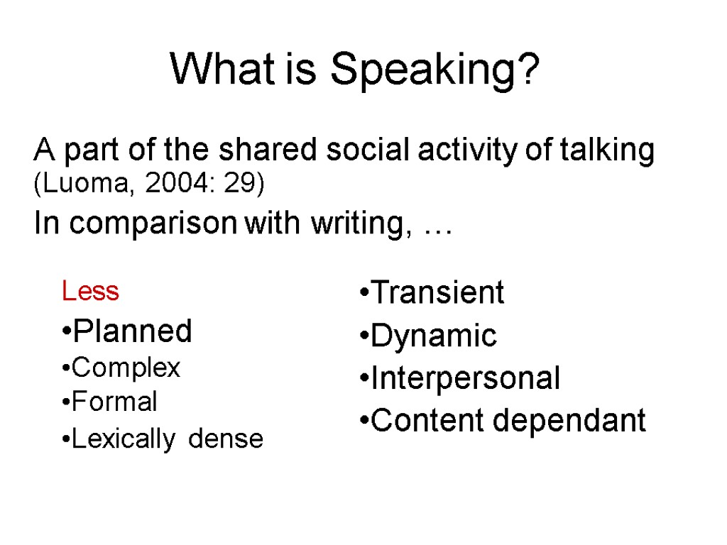 What is Speaking? A part of the shared social activity of talking (Luoma, 2004: